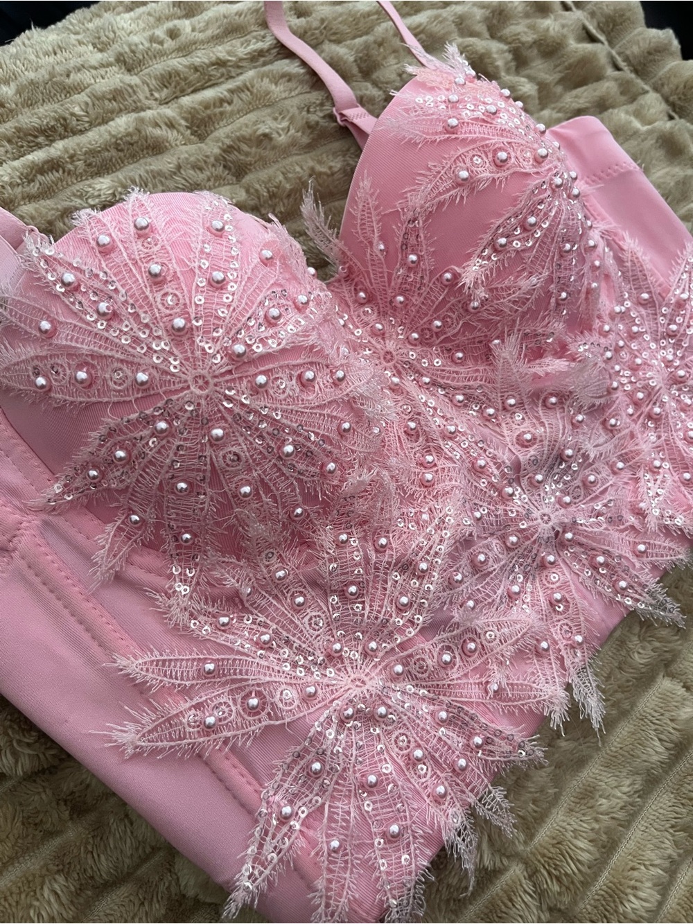 Pink Beaded Lace Bustier Crop Top S